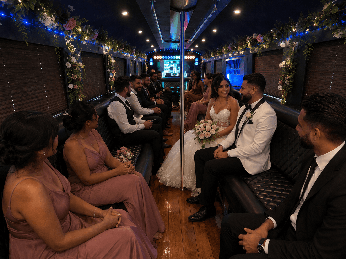 Newlyweds celebrating aboard the Triangle Party Wheels luxury party bus